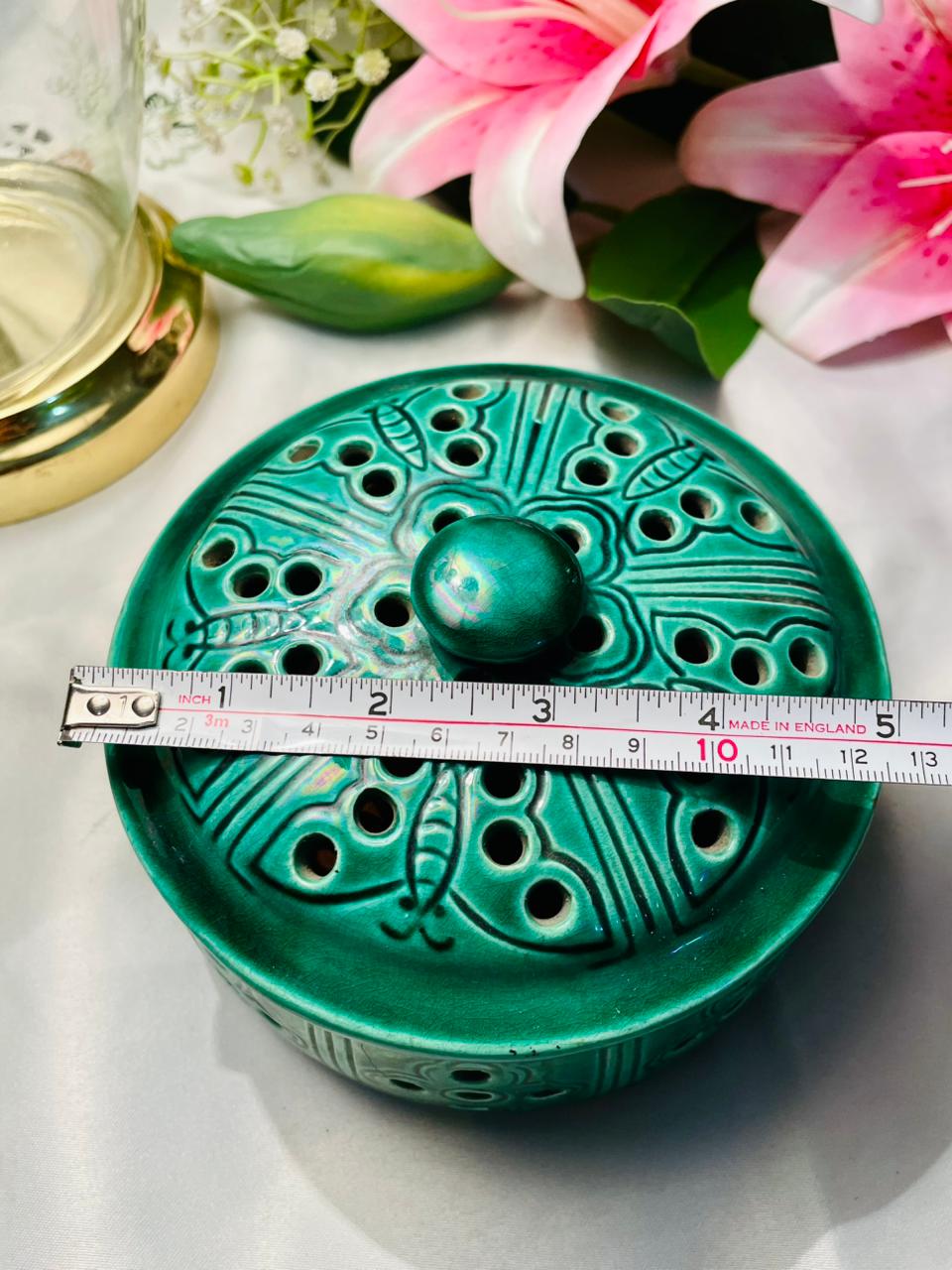 Green Pierced Ceramic Potpourri Bowl with Lid 5 in
