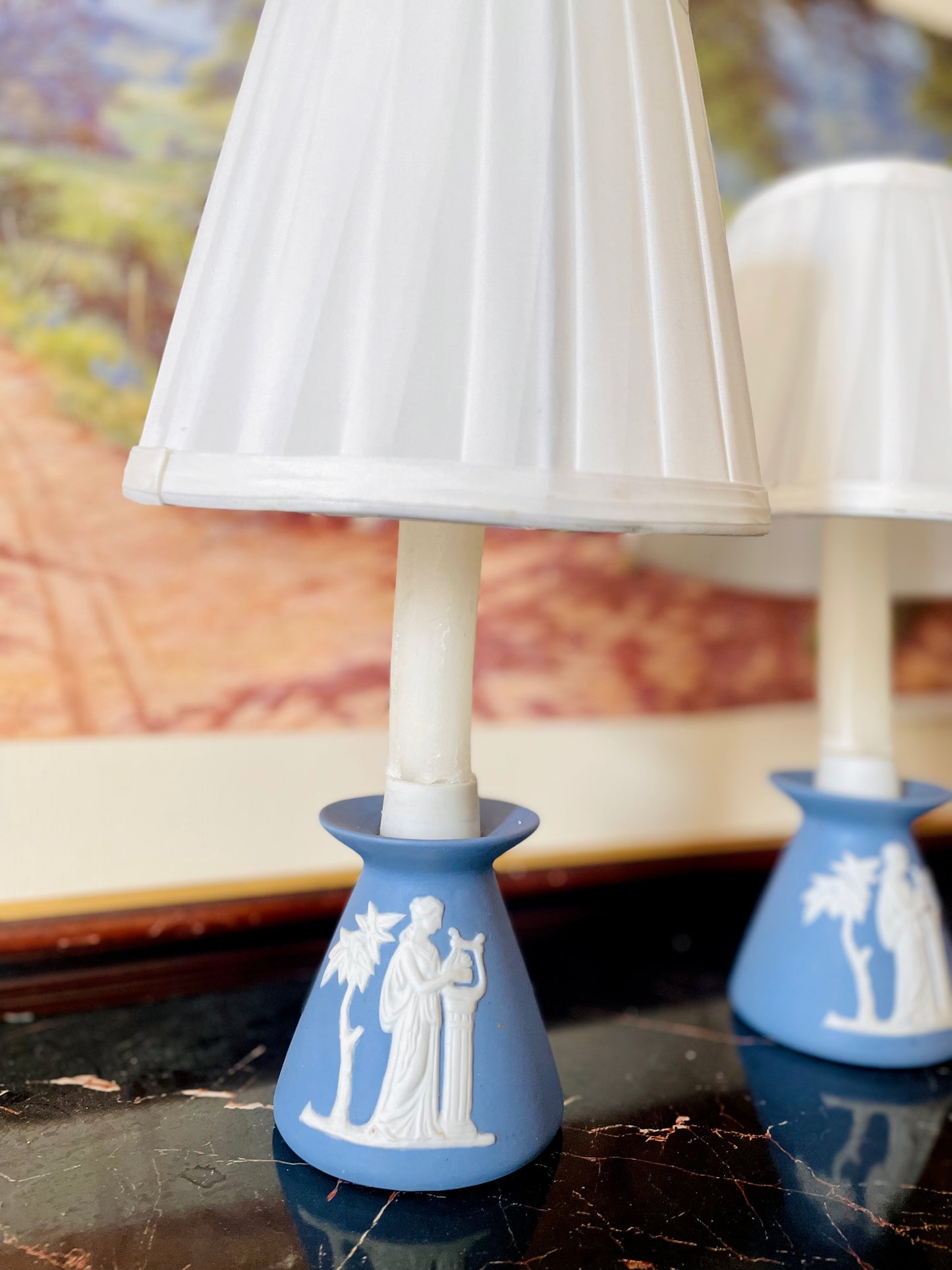 (RARE FIND) Pair of Wedgwood-Style Jasperware Table Lamps with White Relief & Pleated Shades