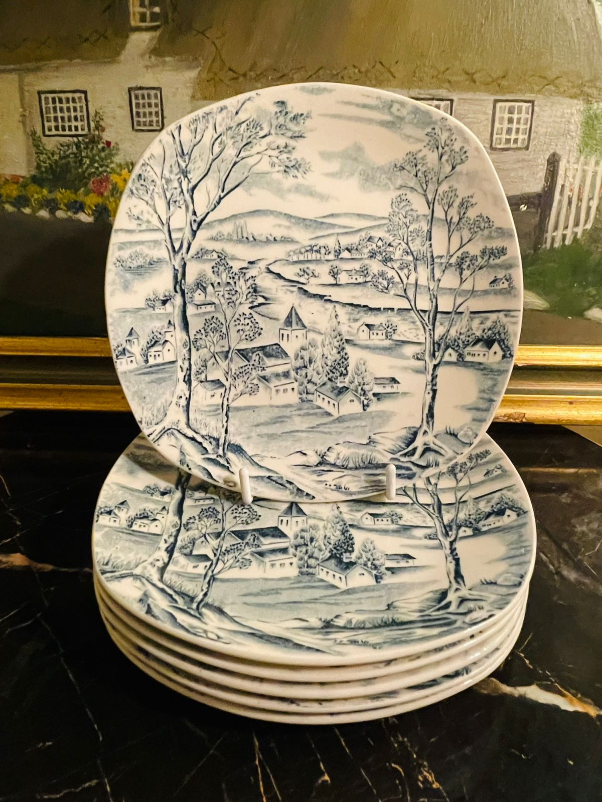 Set of 6 Scarce Vintage Midwinter Fashion Style 'Happy Valley' Blue & White Ironstone Quarter Plates