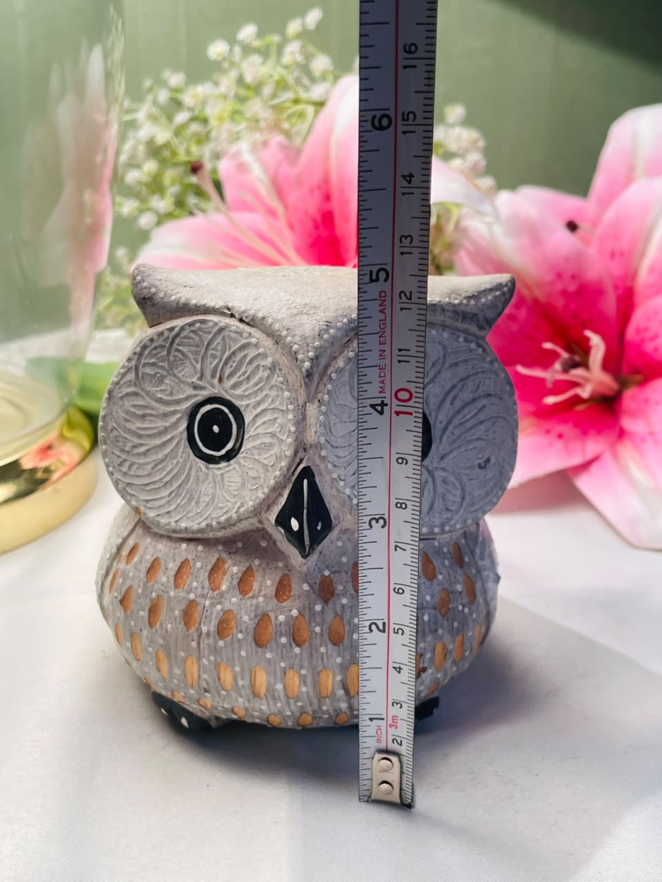Grey Textured Owl wooden Figurine with Ochre Detail Approx. 12 cm