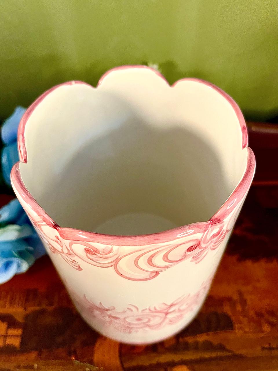 Vintage Pink Hand Painted Floral Ceramic Vase 15 cm Scalloped Rim
