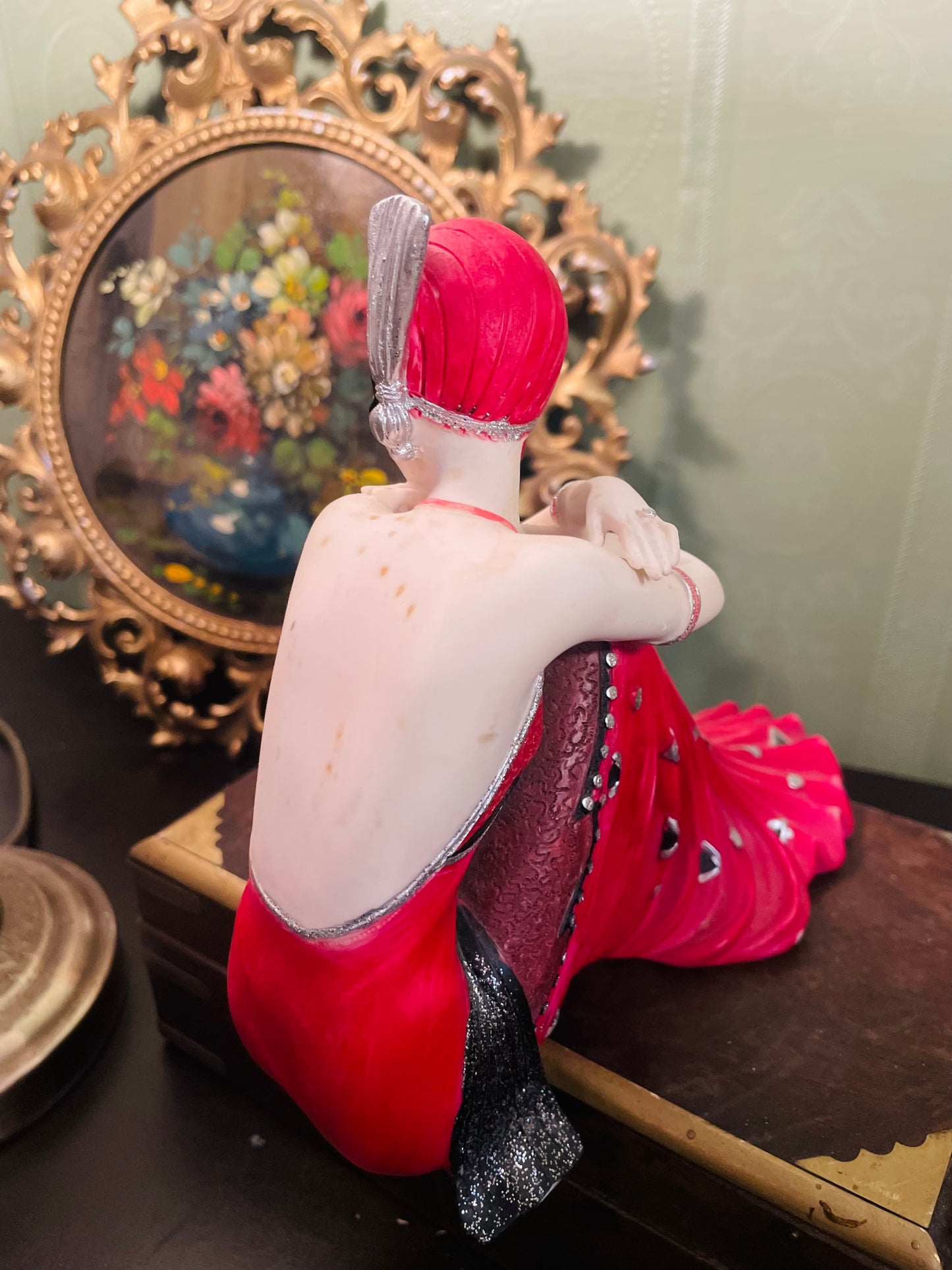 Art Deco Lady Figurine in Crimson Evening Gown Ornament