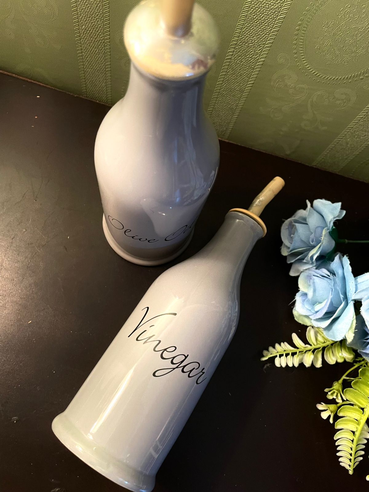 Vintage Ceramic Olive Oil and Vinegar Bottle Set 9 Inch