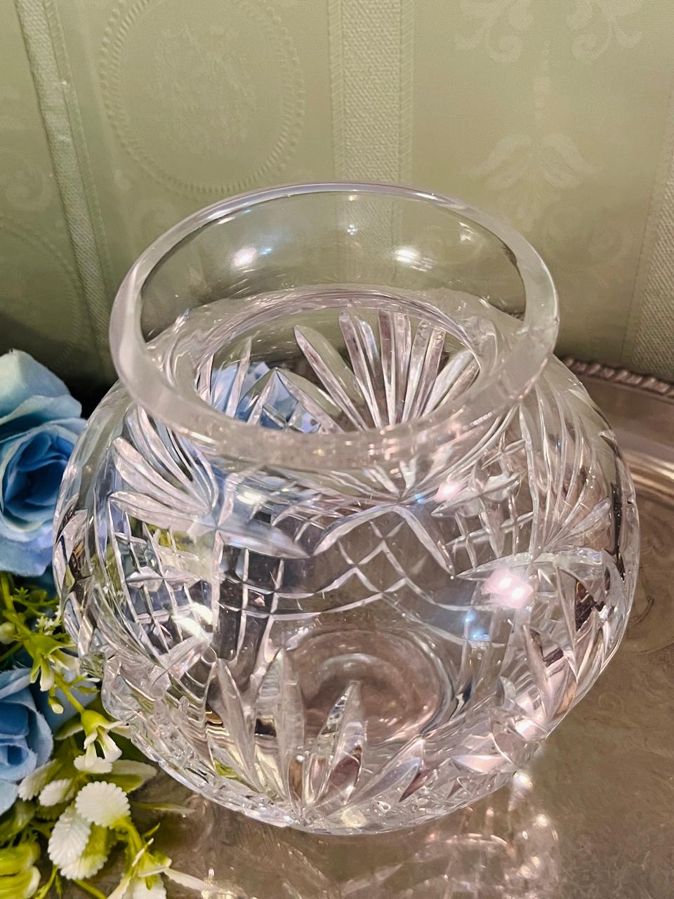 Vintage Large Cut Crystal Vase 16 cm Leaf Fan Design
