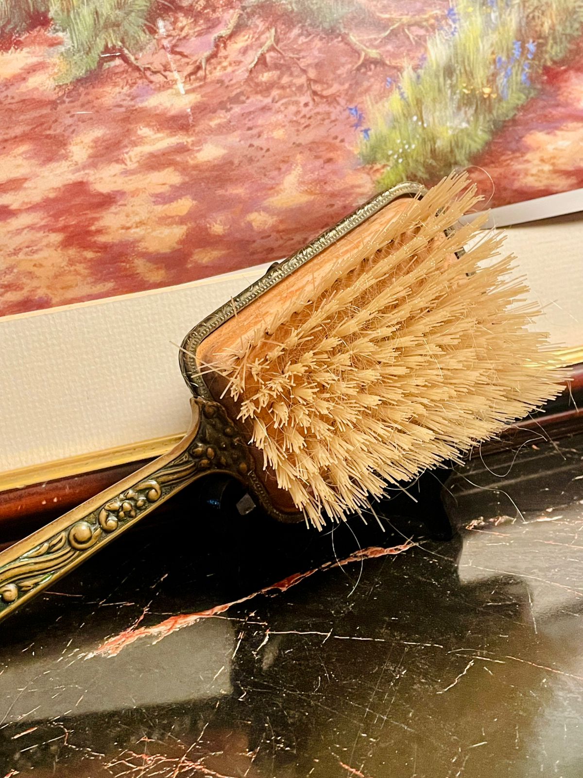 Vintage Ornate Hand Brush with Embroidered Back & Brass Floral Handle – England
