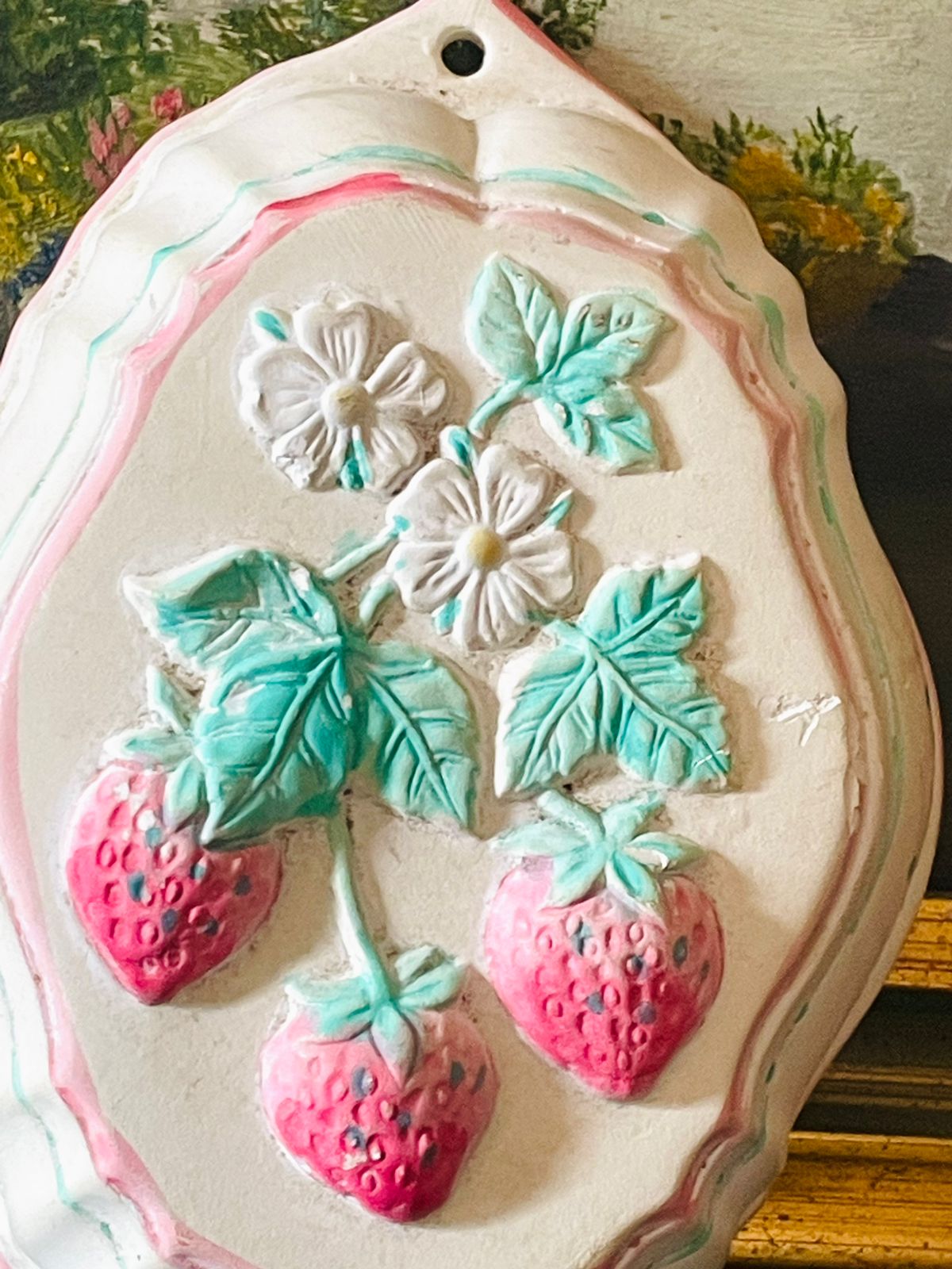 Vintage Handcrafted Strawberry Relief Wall Plaque – Pastel Cottage Charm (England)