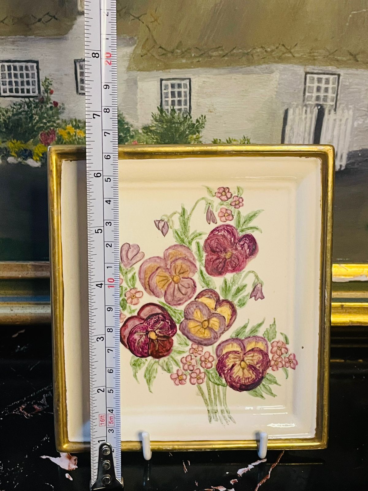 Vintage Floral Ceramic Wall frame – Hand Painted Pansy Bouquet with Gold Trim