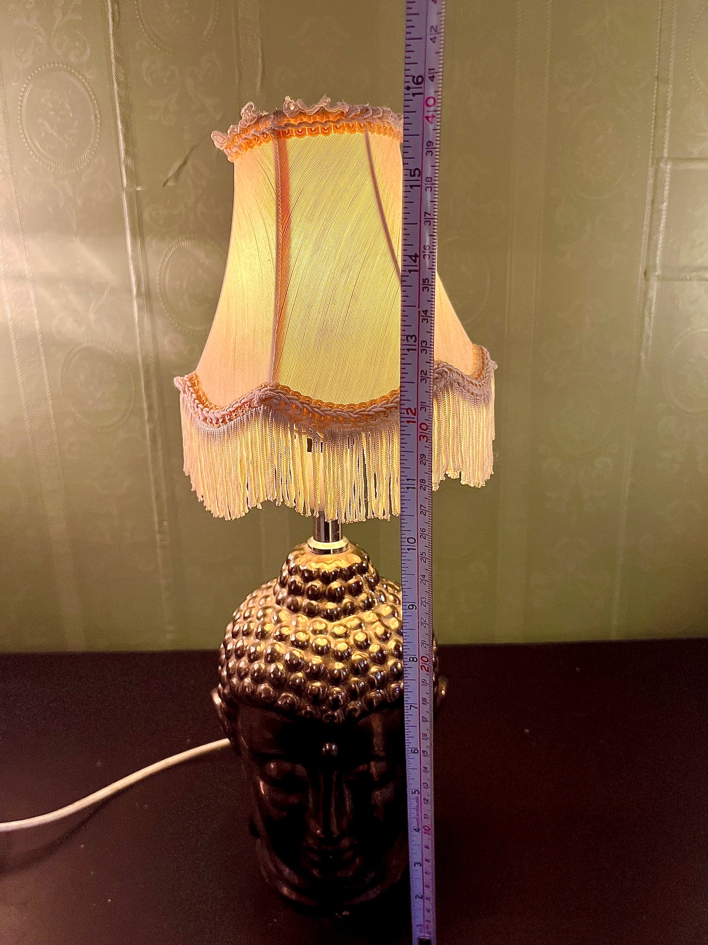 Buddha Head Table Lamp with Fringe Shade