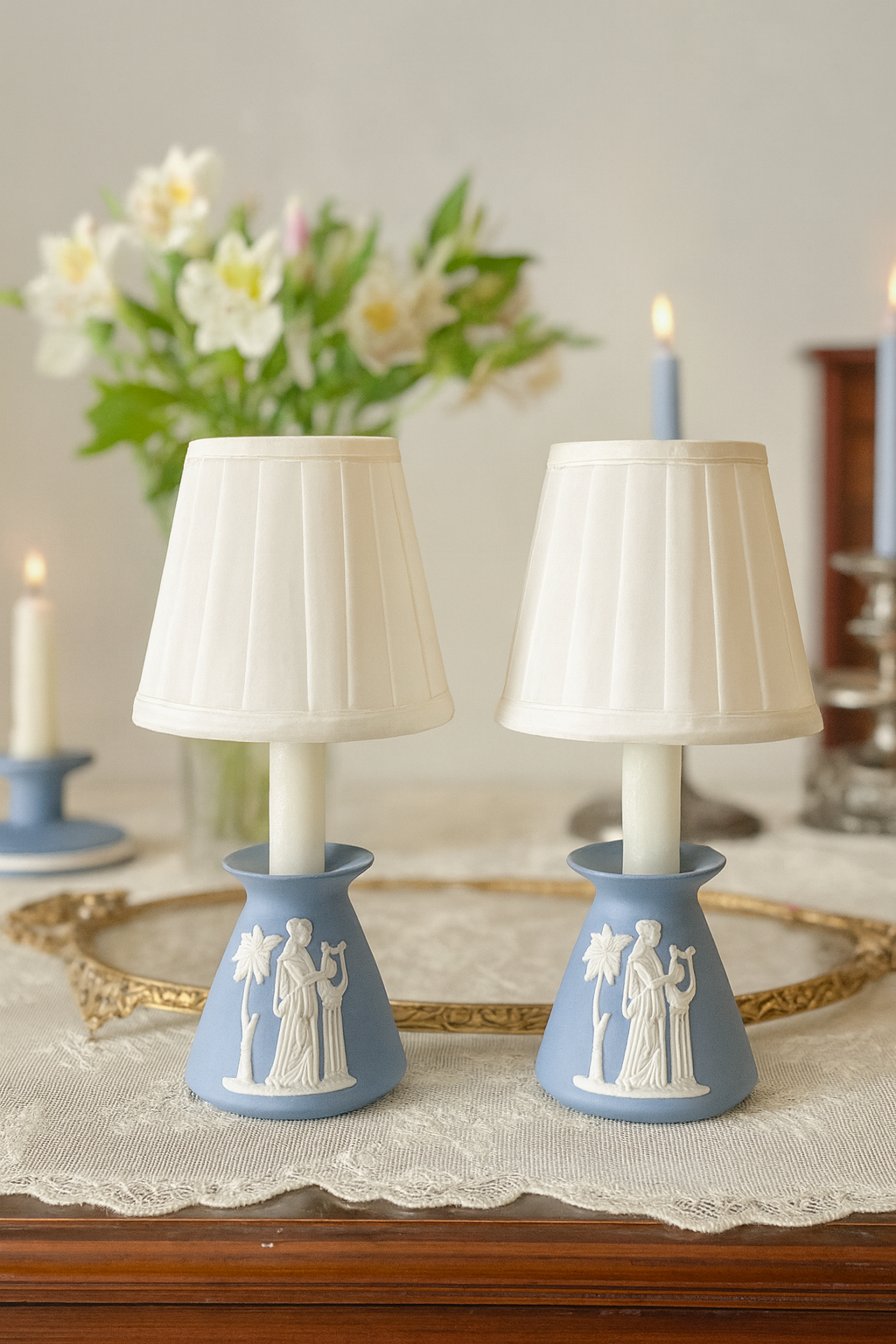 wedgwood style lamps, jasperware table lamp, vintage bedside lamps, antique blue white lamps, neoclassical relief décor, collectible home lighting, elegant english lamps, classic pleated shade lamps, heritage inspired lighting, fine vintage craftsmanship, bedside antique lamp pair, timeless neoclassical décor, english heritage lamps, unique collectible lighting