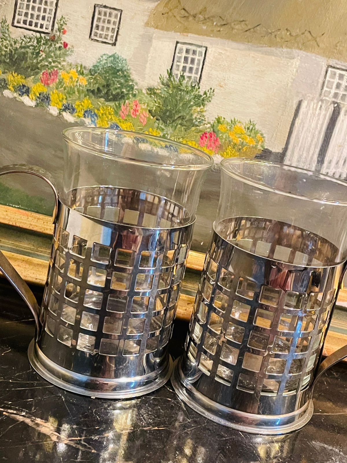 Set of 2 Vintage Glass Mugs in metal holder England