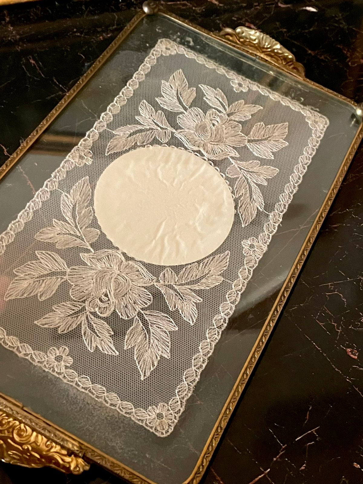 Vintage Glass Tray with Embroidered Lace & Floral Center – Brass Handles