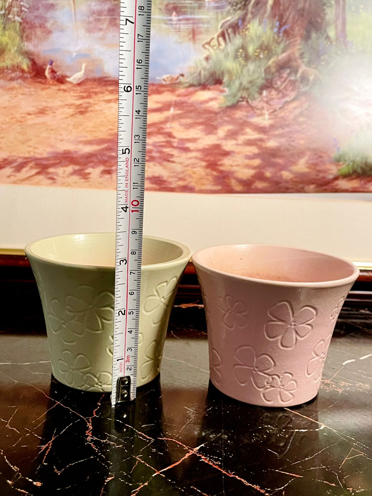 Set of 2 Vintage England Pastel Ceramic Planters – Green & Pink Flower Embossed Pots