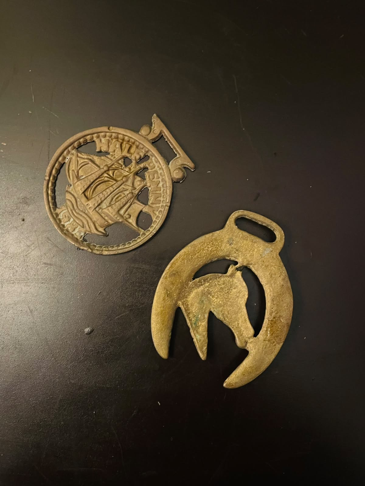 Vintage Brass Horse Medallion & Ship Trivet Set of 2