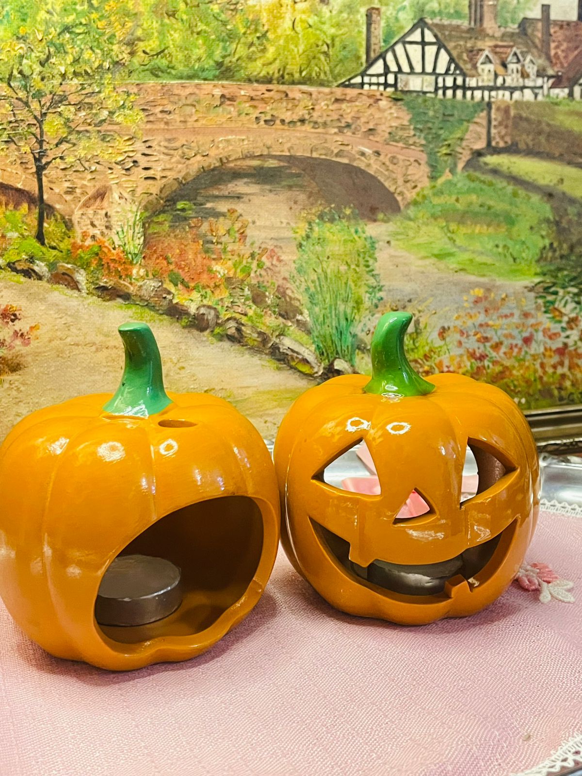Holiday Ceramic Outdoor Halloween pumpkins face ,Lighted Fairy Garden Pumpkins