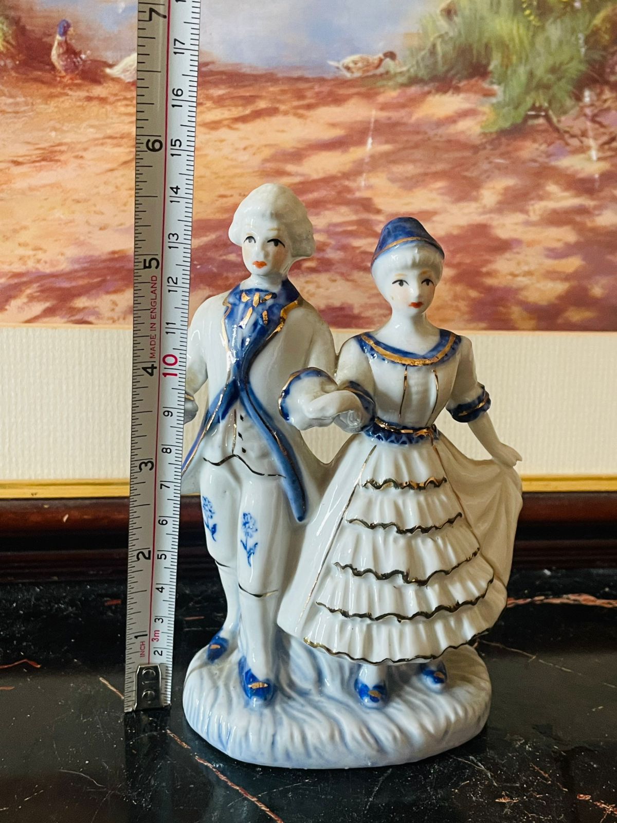 Vintage Blue & White Regency Style Porcelain Figurines – Man & Lady Couple (England) Blue Pottery Home Decor