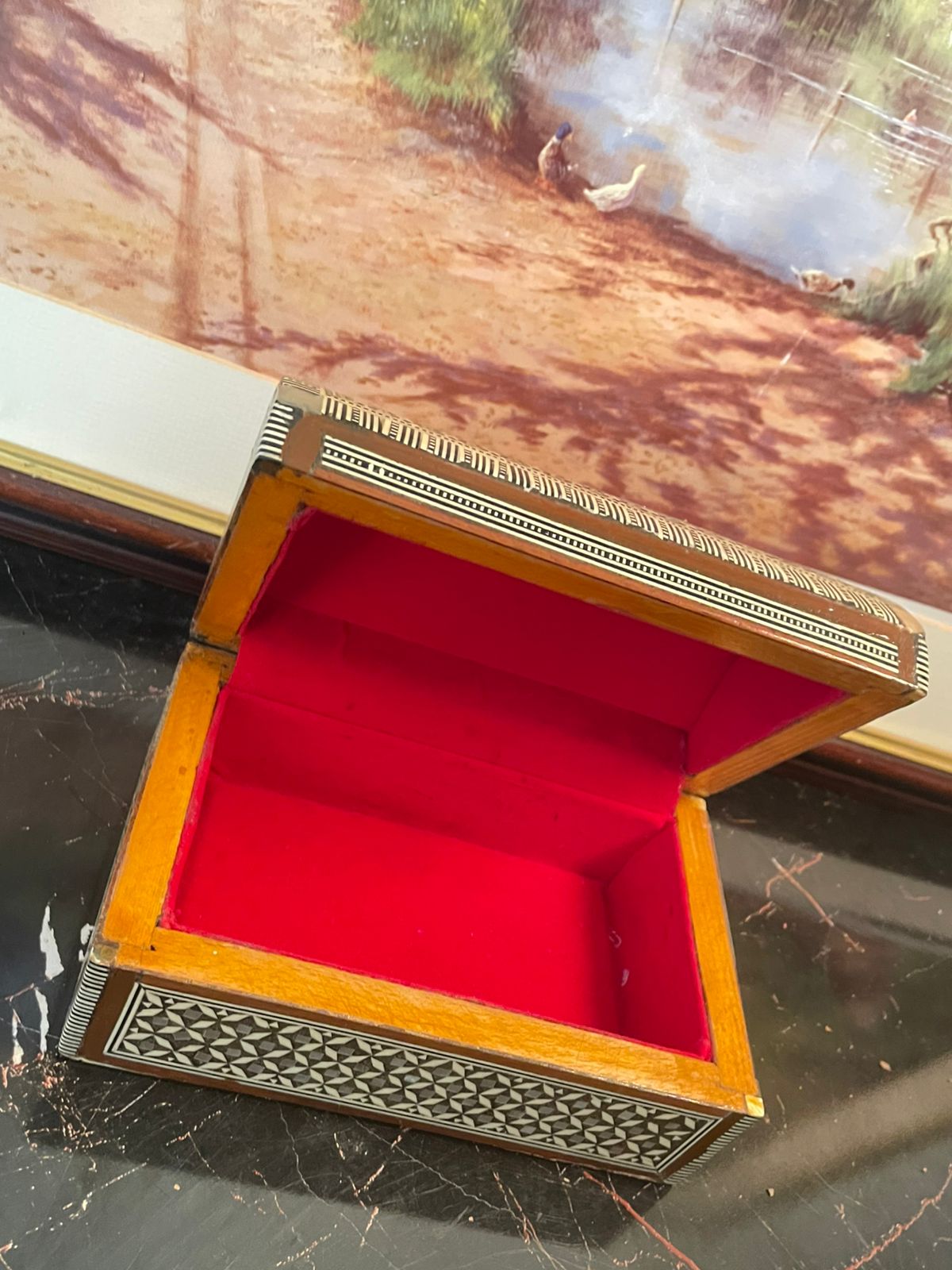 Vintage Handmade Wooden Jewelry Box with Intricate Inlay & Velvet Interior
