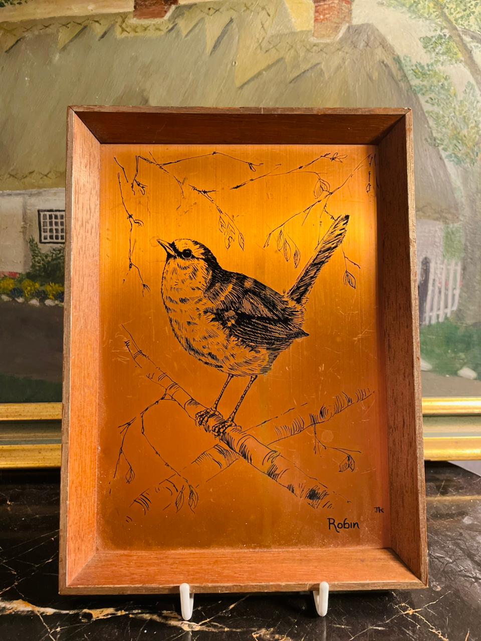 Antique Copper Bird Picture frame, 8 inches, Copper Etching, Robbin