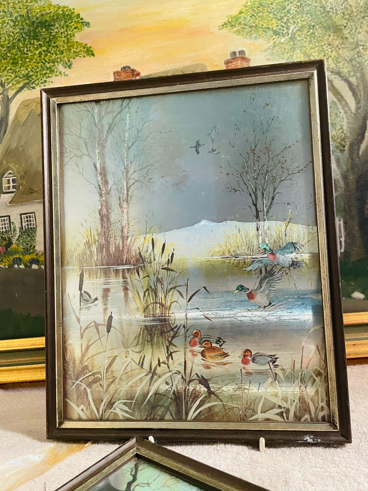 Set of 2 Vintage Holographic Flying Geese on Lake Art– 3D Illustration Frames