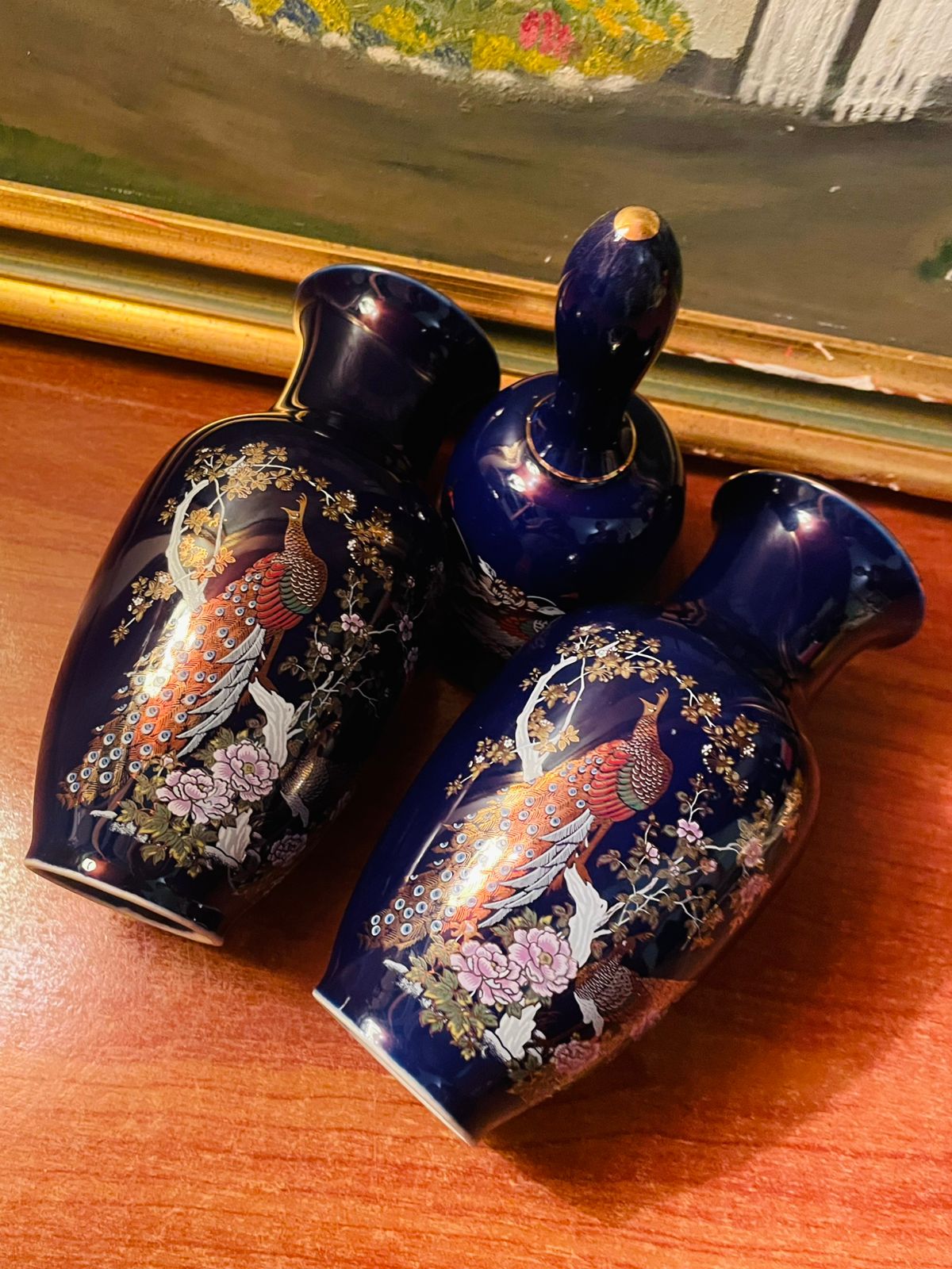 Antique 1960's Japanese Cobalt Blue Peacock Vases & Bell, Set of 3