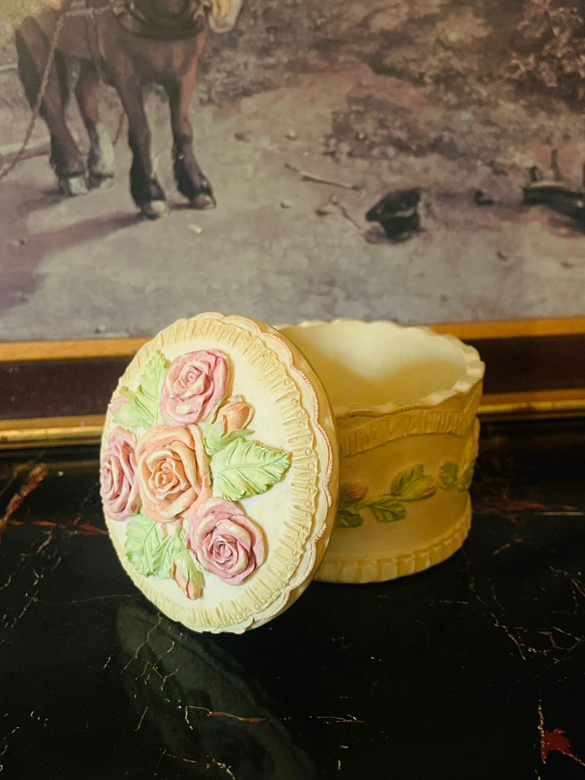 Vintage English Stoneware Trinket Box – Pastel Roses & Lace Relief Design