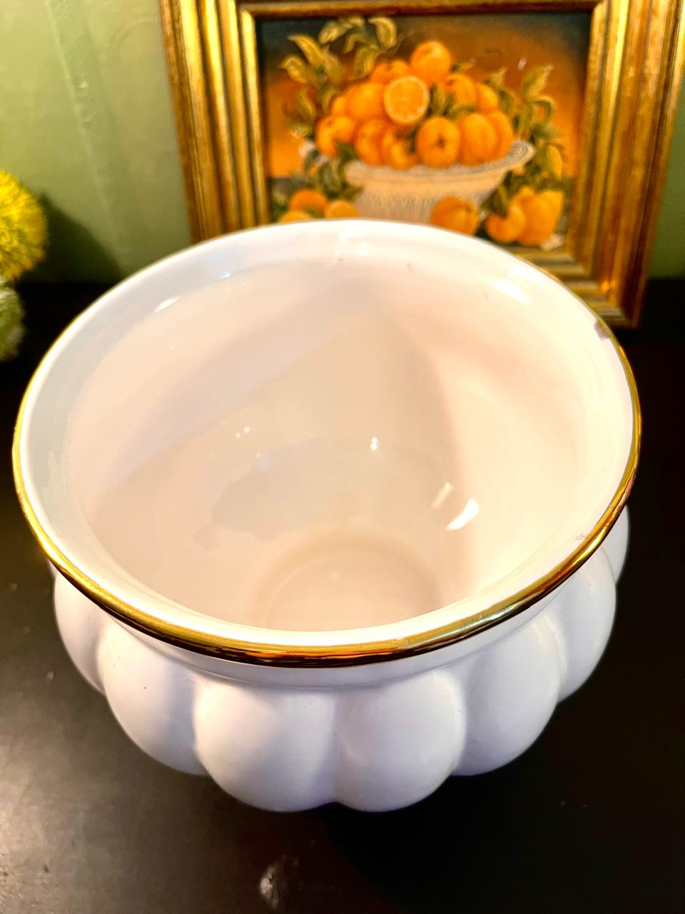 Vintage White Fluted Ceramic Planter with Gold Trim