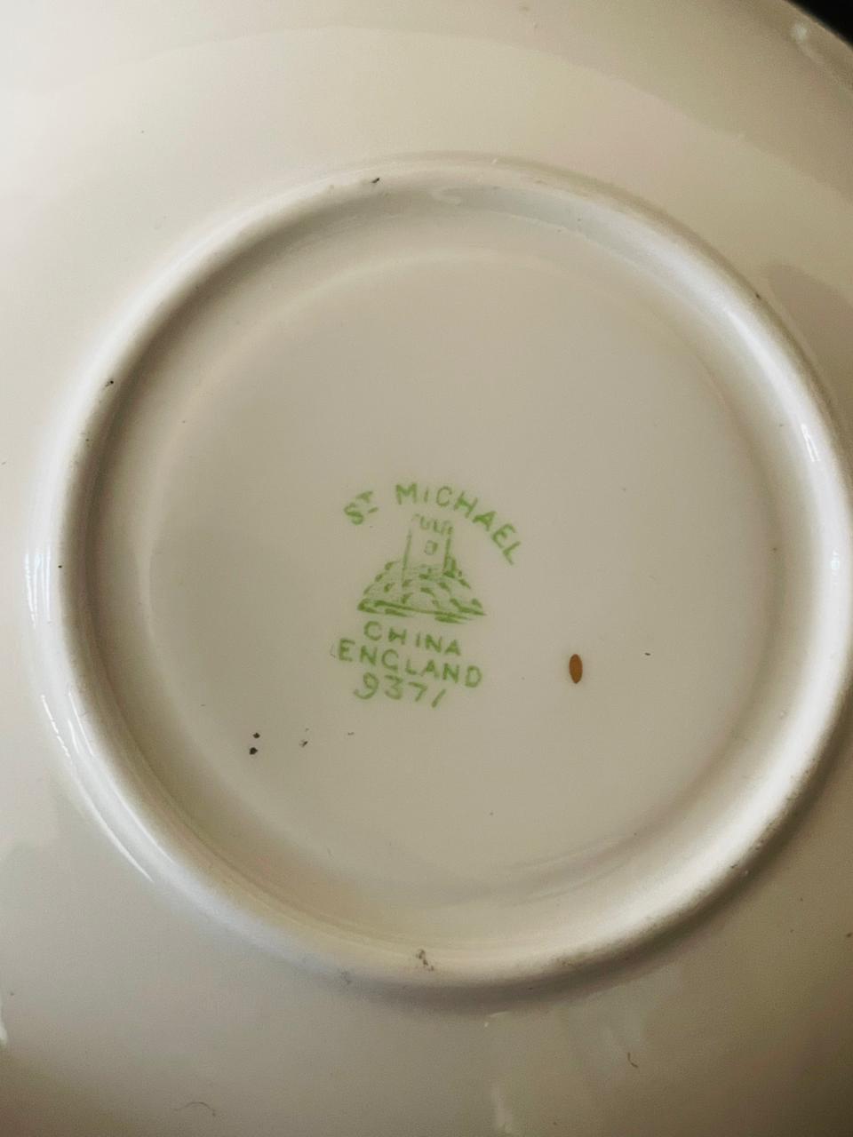 Vintage St. Michael Fine China Teacup & Saucer Set – Green & Gold Art Deco Pattern (England)