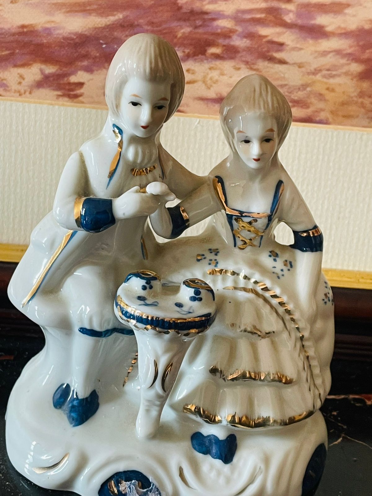 Vintage Blue & White Porcelain Couple Figurine – Elegant Classical Lovers (England) Blue Pottery Home Decor