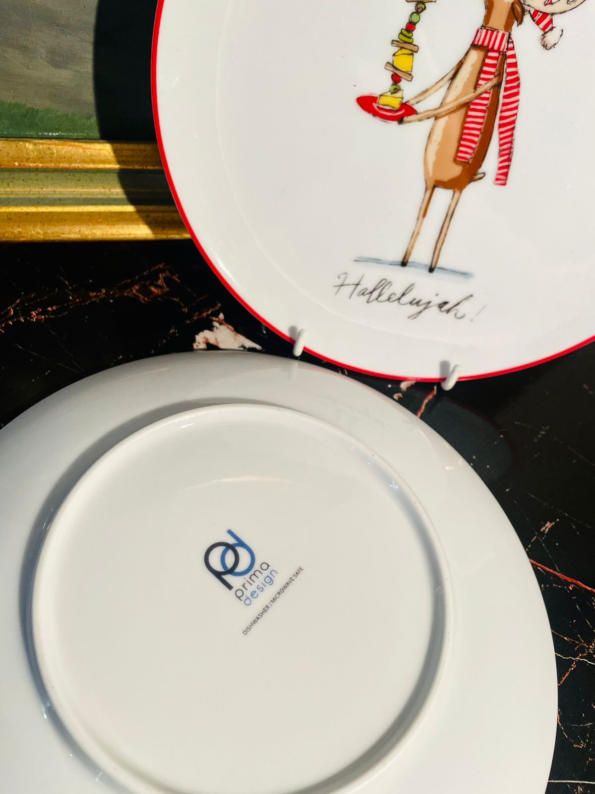 Festive Reindeer Porcelain Plates – Christmas Red Rim Dinner Set “Hallelujah”