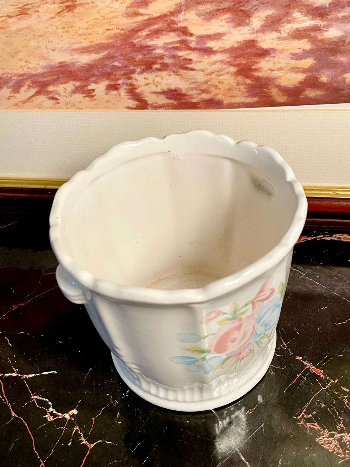 Vintage England Floral Ceramic Planter – White Glazed Pot with Pastel Flowers