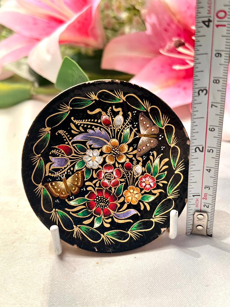 Hand-Painted Floral & Butterfly Decorative Plate Black Ground Approx. 8 cm