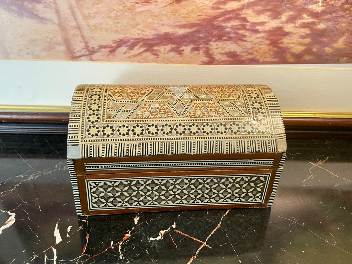 Vintage Handmade Wooden Jewelry Box with Intricate Inlay & Velvet Interior