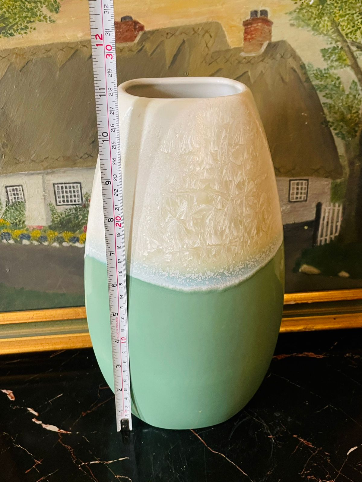 Modern Two-Tone Ceramic Vase – Mint Green & Ivory Textured Glaze, 12 Inch