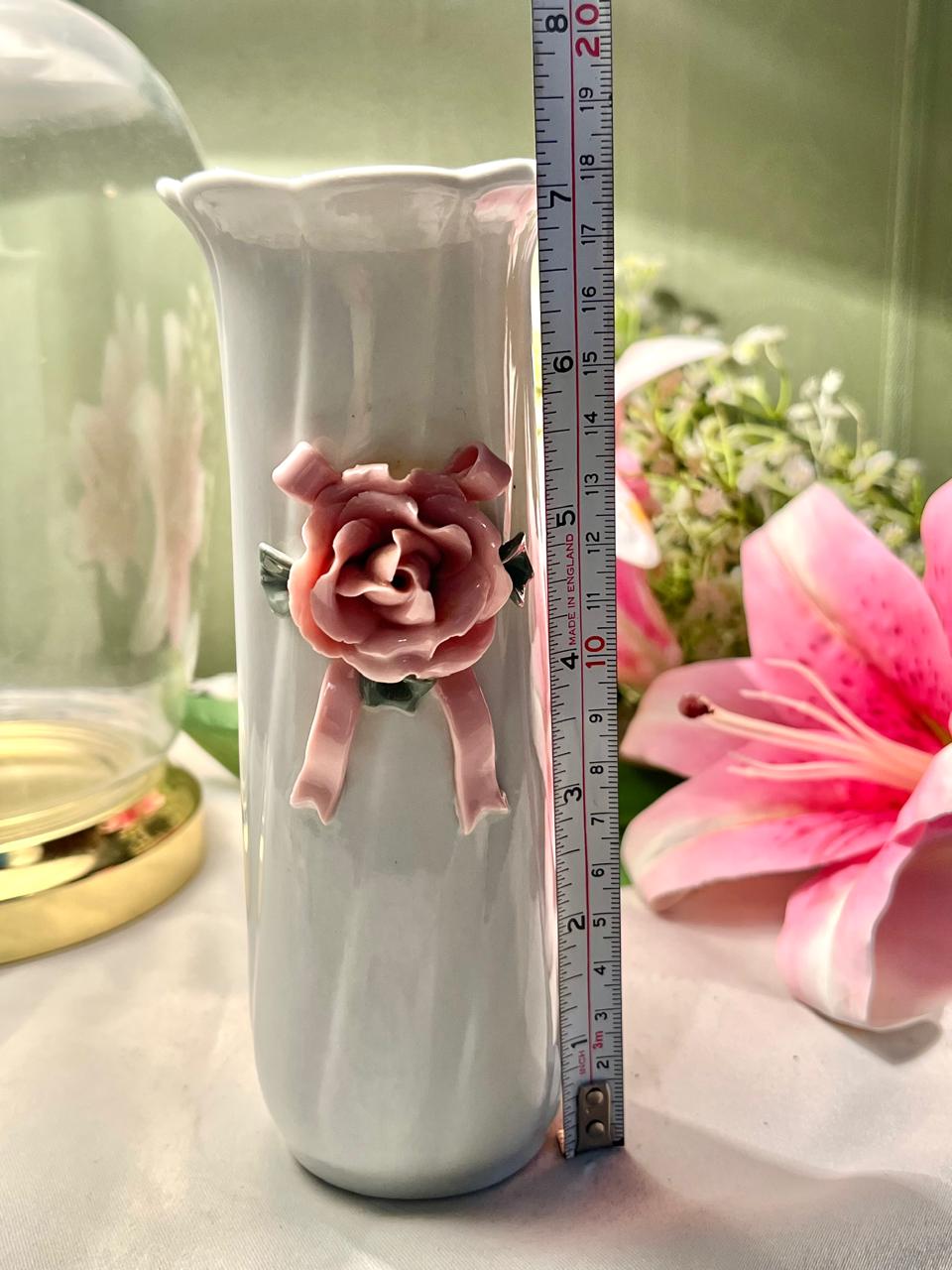 White Ceramic Rose Vase with Pink Floral Appliqué – 7 Inch