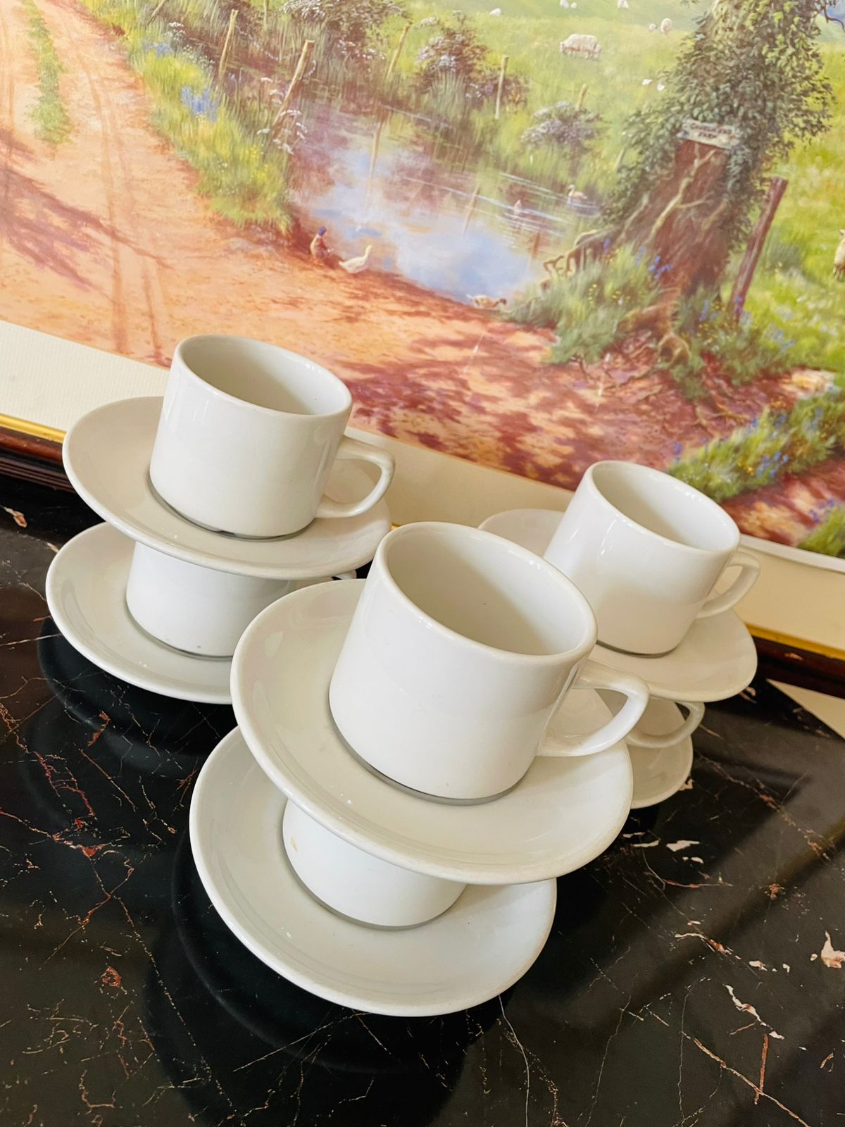 Set of 6 Churchill White Porcelain Tea Cups with Matching Saucers – England