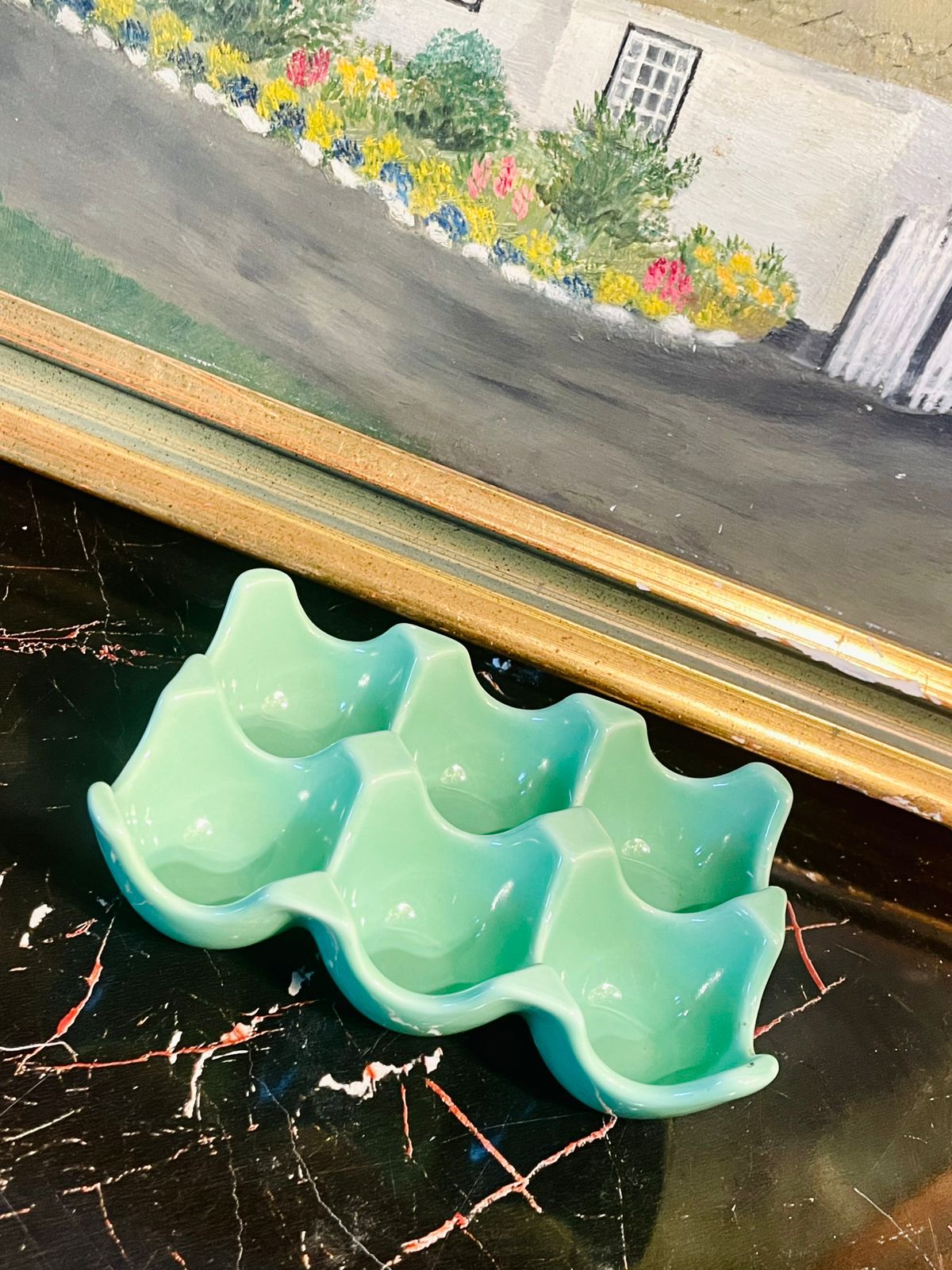 Vintage Ceramic 6-Slot Egg Holder – Glossy Mint Green