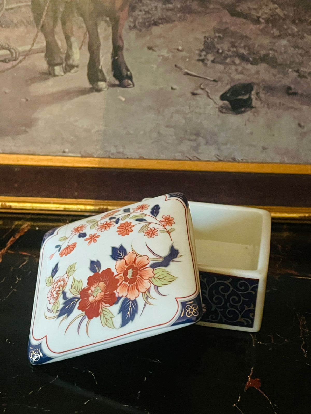 Vintage English Porcelain Trinket Box – Imari Floral & Geometric Pattern