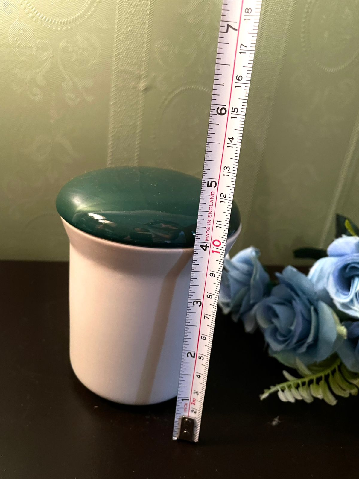 Vintage White Ceramic Storage Jar with Green Lid 4 Inch