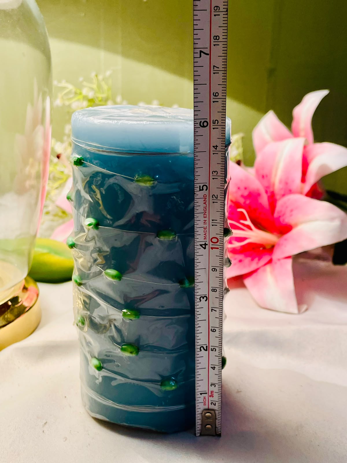 Blue Pillar Scented Candle with Green Bead Detailing 15cm
