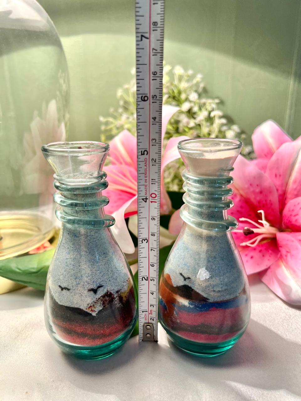 Vintage Crystal Sand Art Bottles Pair Blue Pink Black 5 Inch