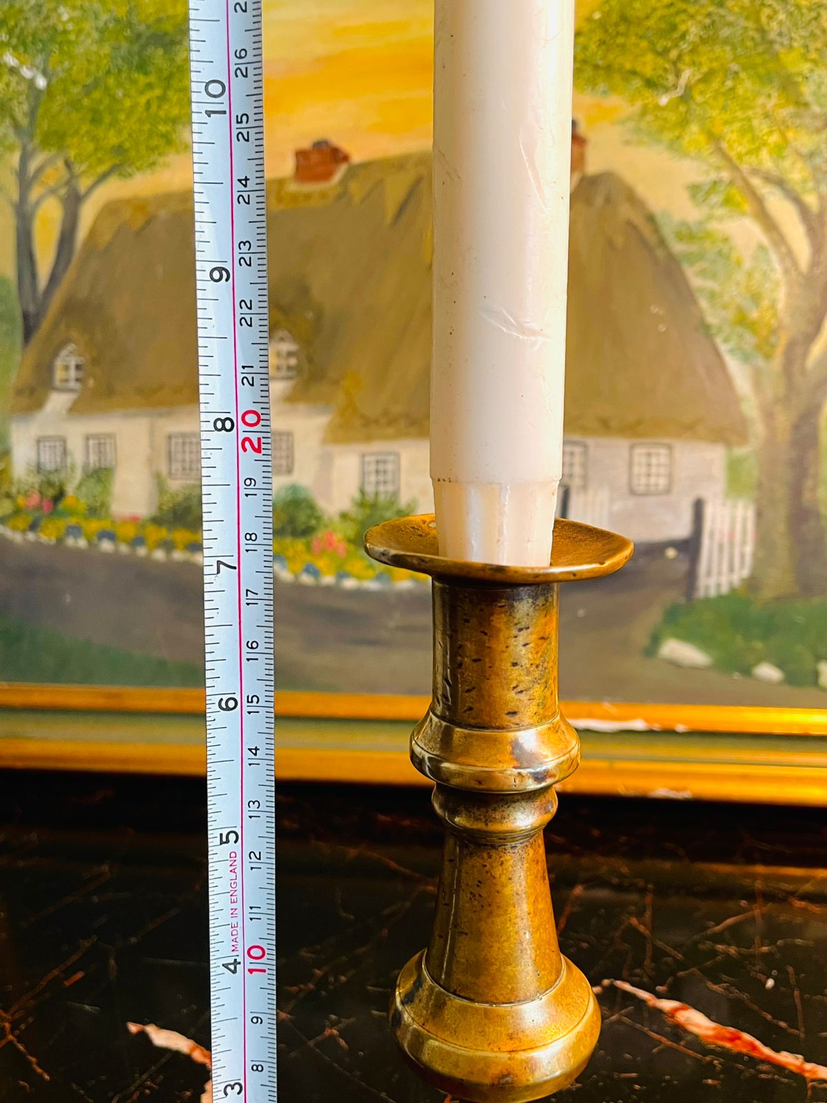 Vintage Brass Candlestick – Detailed Turned Mid-Section, Square Base