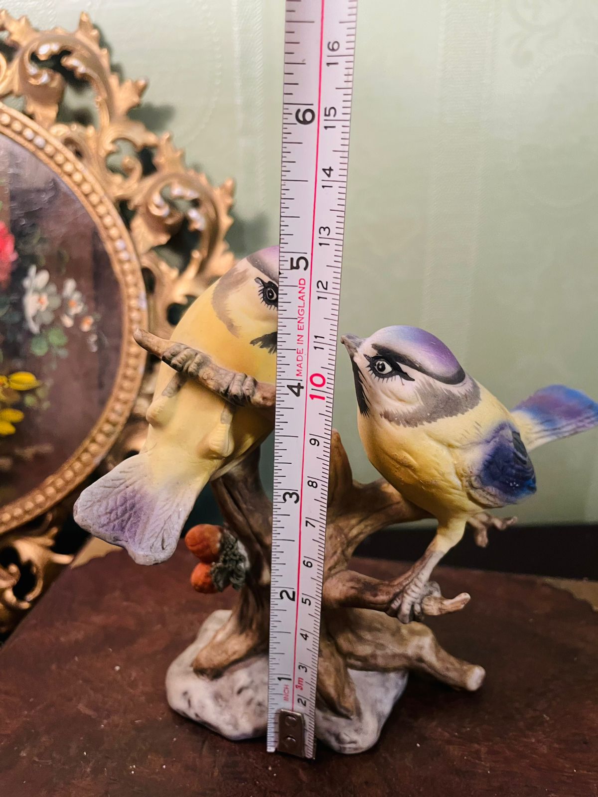 Vintage Pair of Blue Tit Bird Figurines on Branch