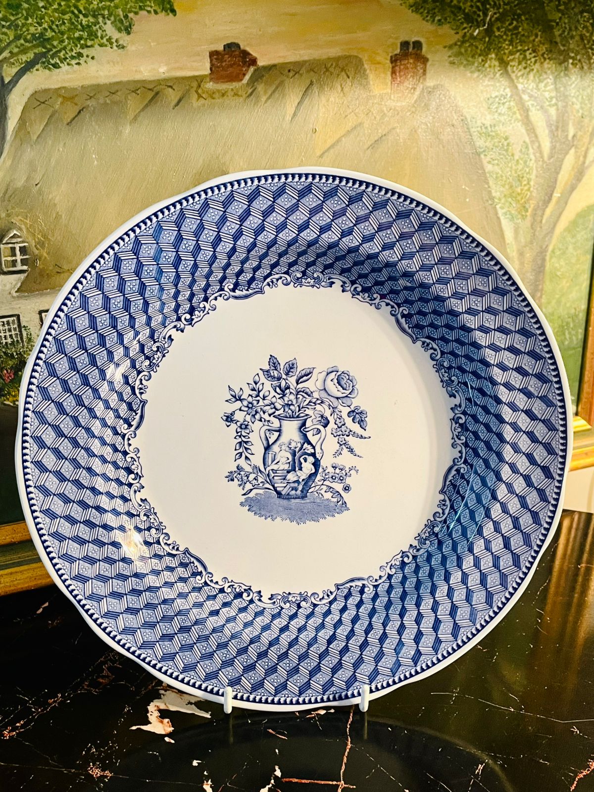 blue and white plate, floral decorative plate, English ceramic plate, geometric border dish, collectible English pottery, wall hanging decorative plate, vintage ceramic dish, blue white floral vase design plate