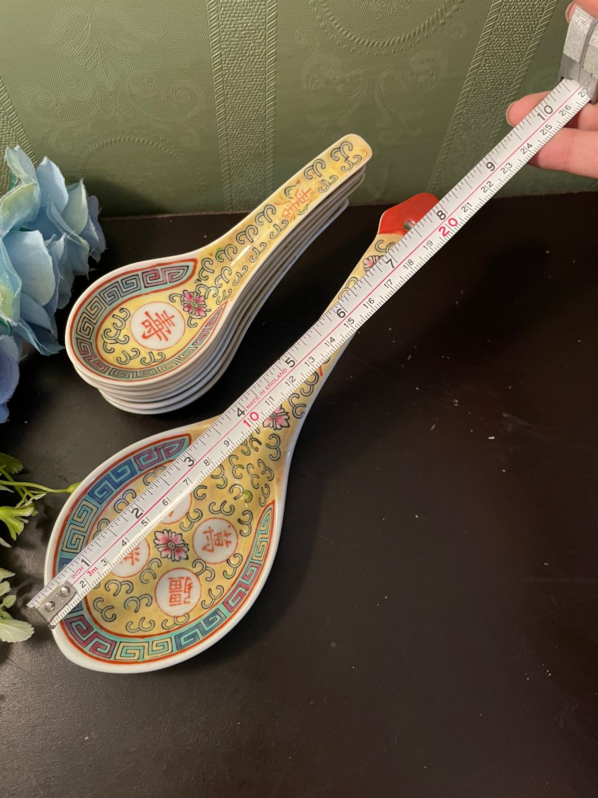 Vintage Chinese Porcelain Spoon Set with Serving Spoon