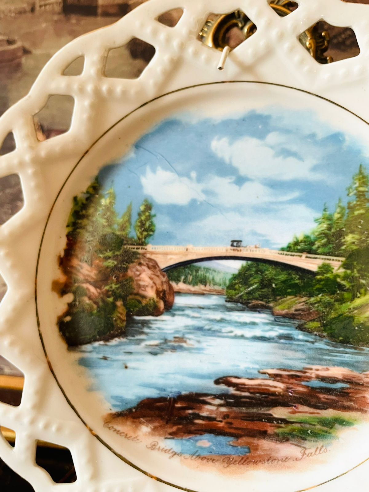 Vintage Reticulated Souvenir Plate – “Concrete Bridge, Lower Yellowstone Falls” Scenic Collector’s Plate