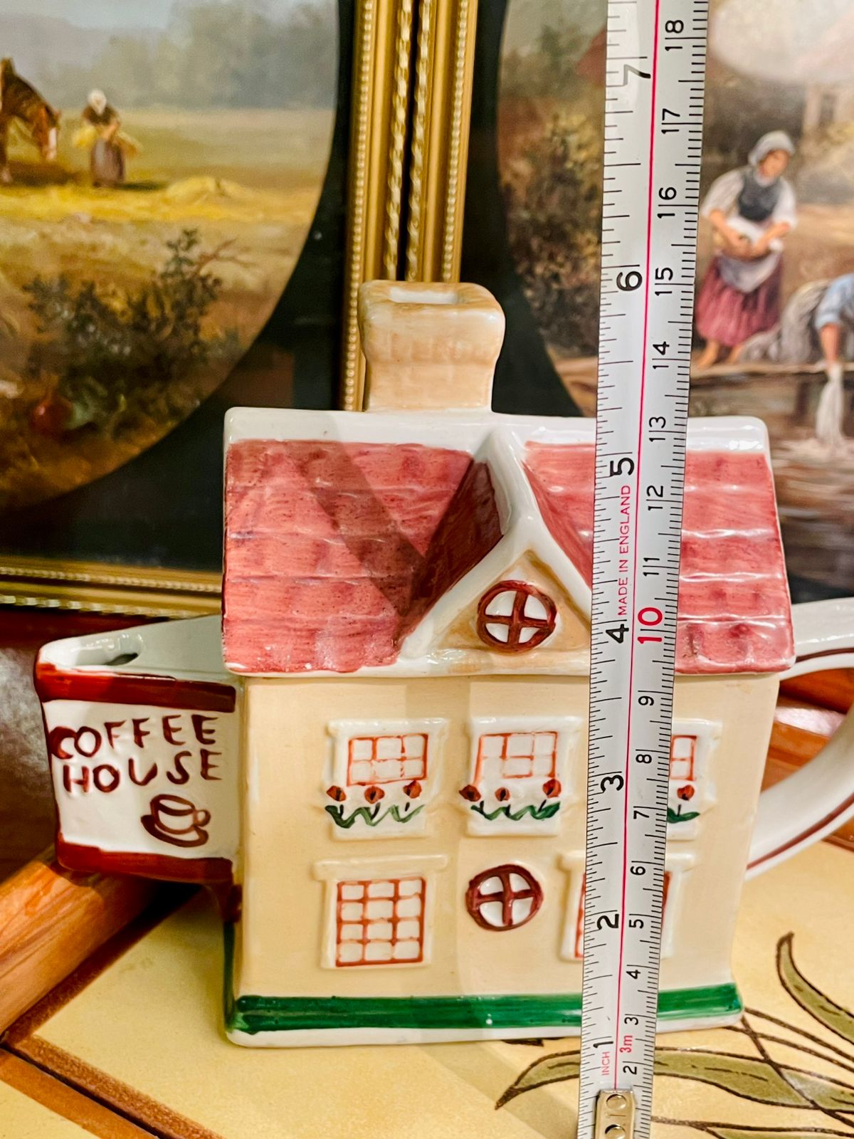 Vintage House-Shaped Coffee Pot – Hand-Painted Cottage Café Design