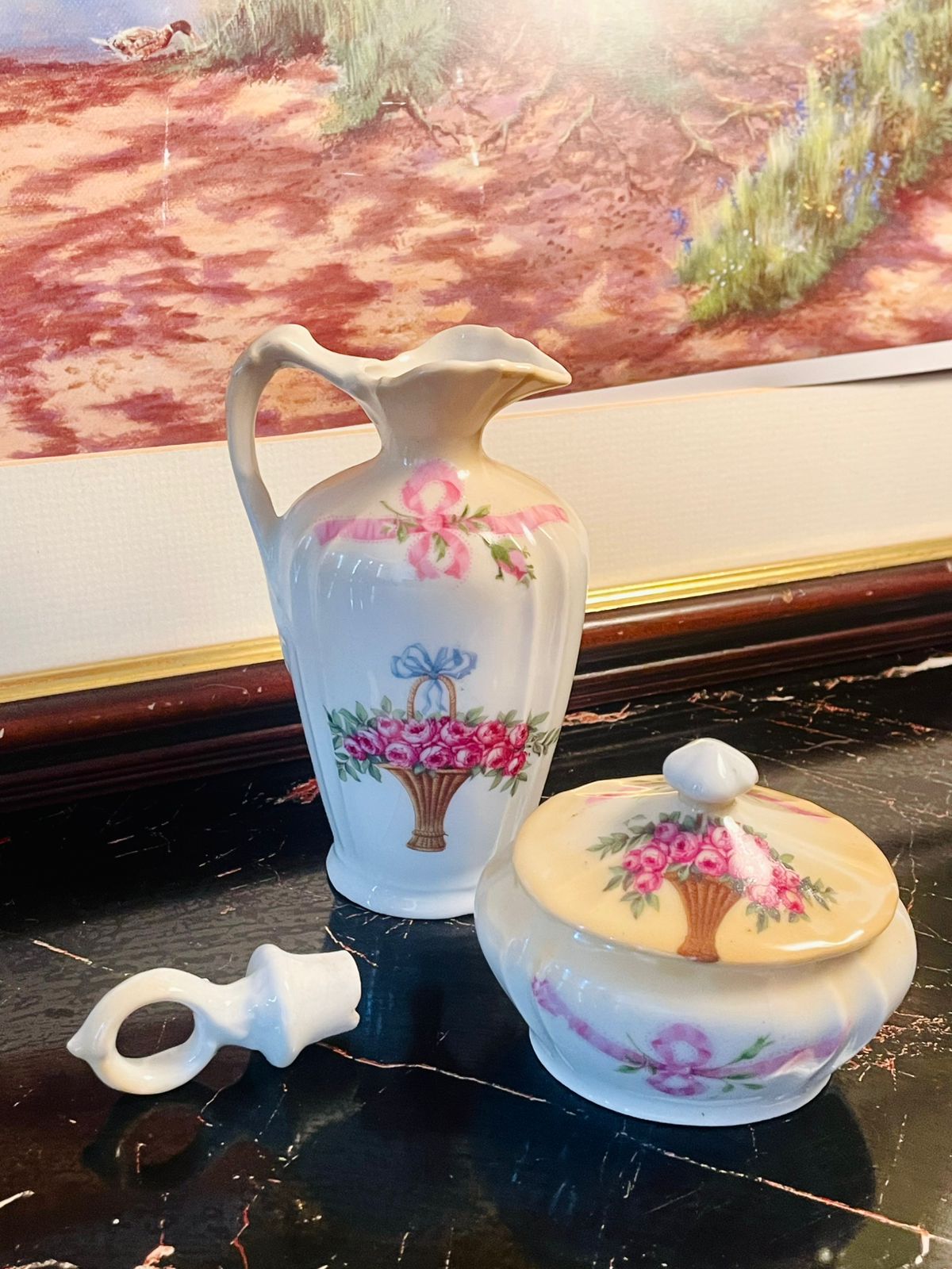 vintage Ceramic Jug with Stopper & Matching Lidded Sugar Pot – Floral Basket Design (Set of 2)