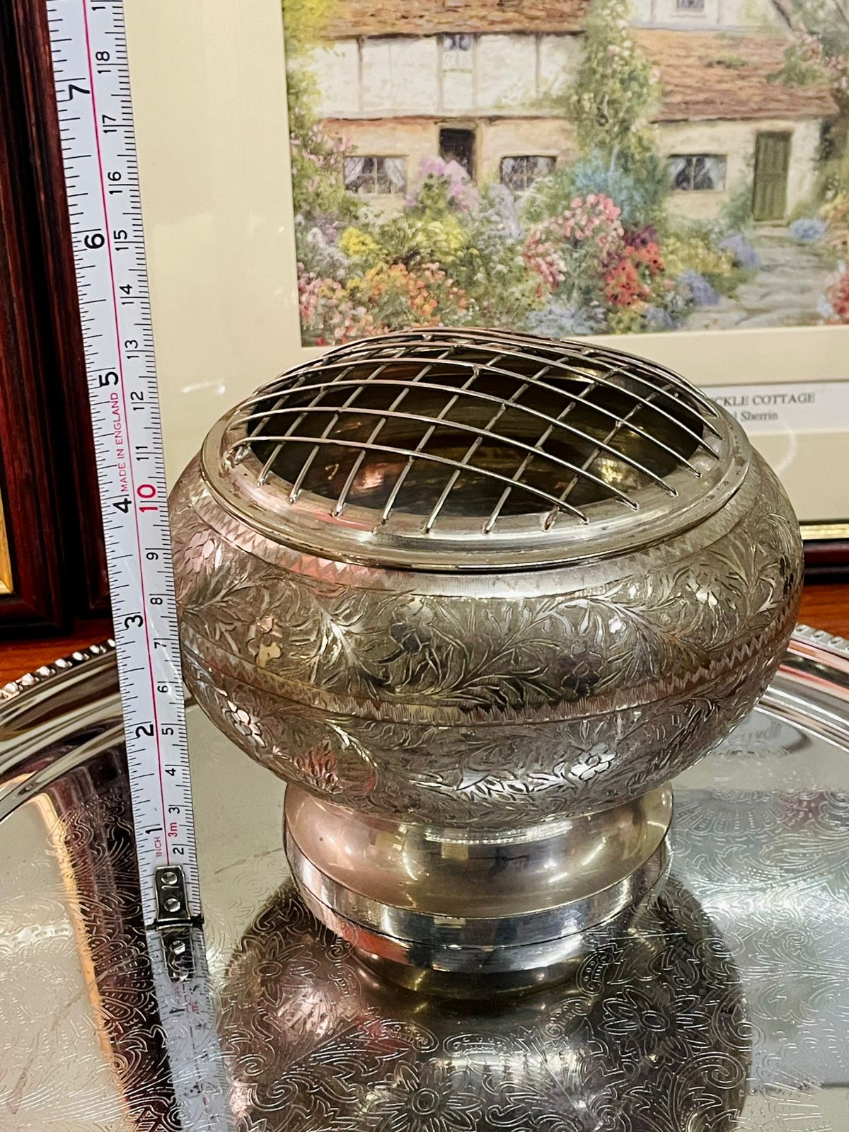 Silver Engraved Flower Arranger Bowl – Vintage Floral Frog Vase