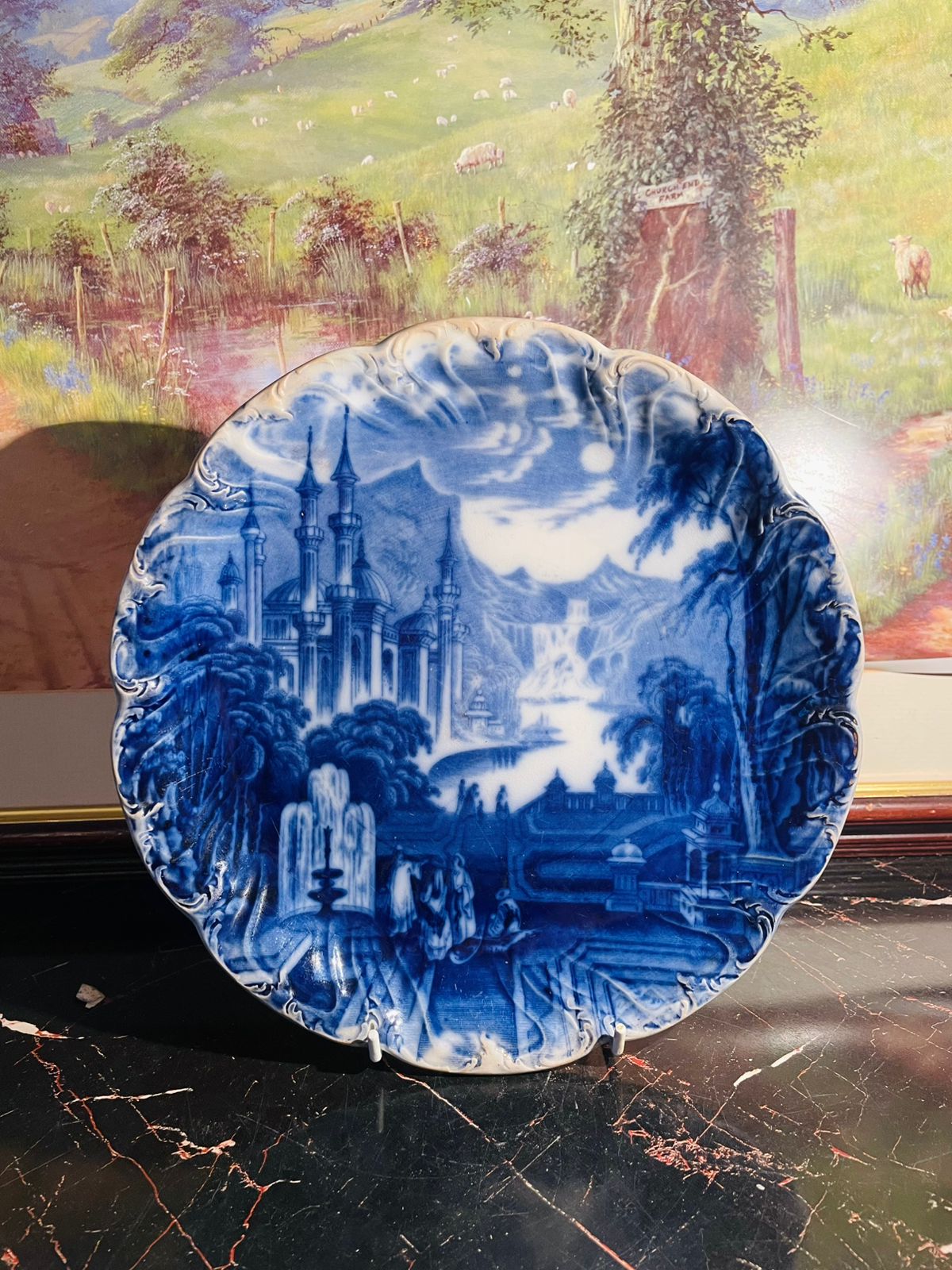 flow blue plate england, vintage blue and white china, pastoral scene plate, english antique pottery, staffordshire blueware, heritage european decor, rare thrift finds, cottagecore wall decor, collectible english plate, victorian flow blue ceramic, sunset kitchen vintage collection