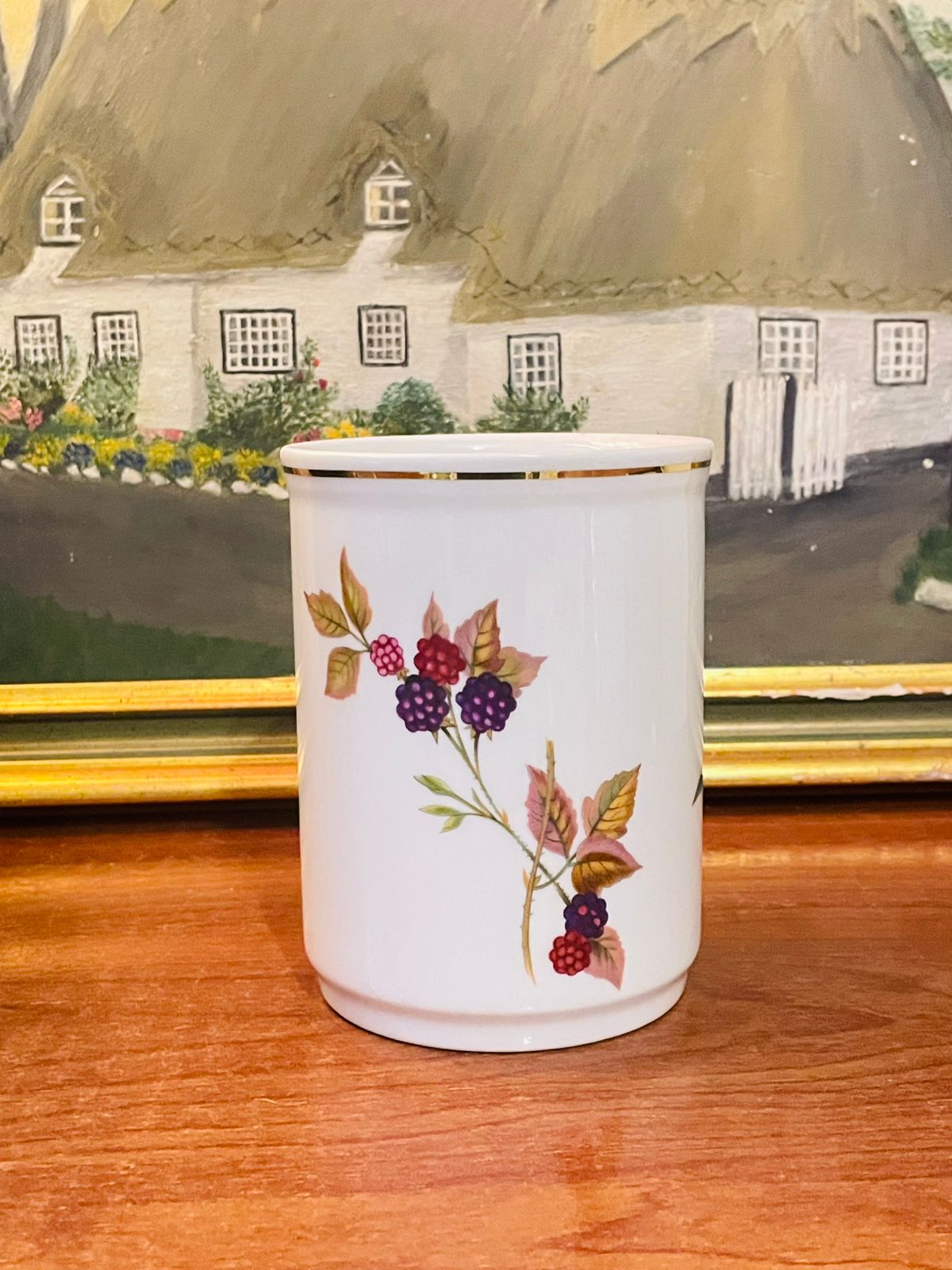 Royal Worcester Evesham Gold Utensil Holder – Vintage English Porcelain Kitchen Vase