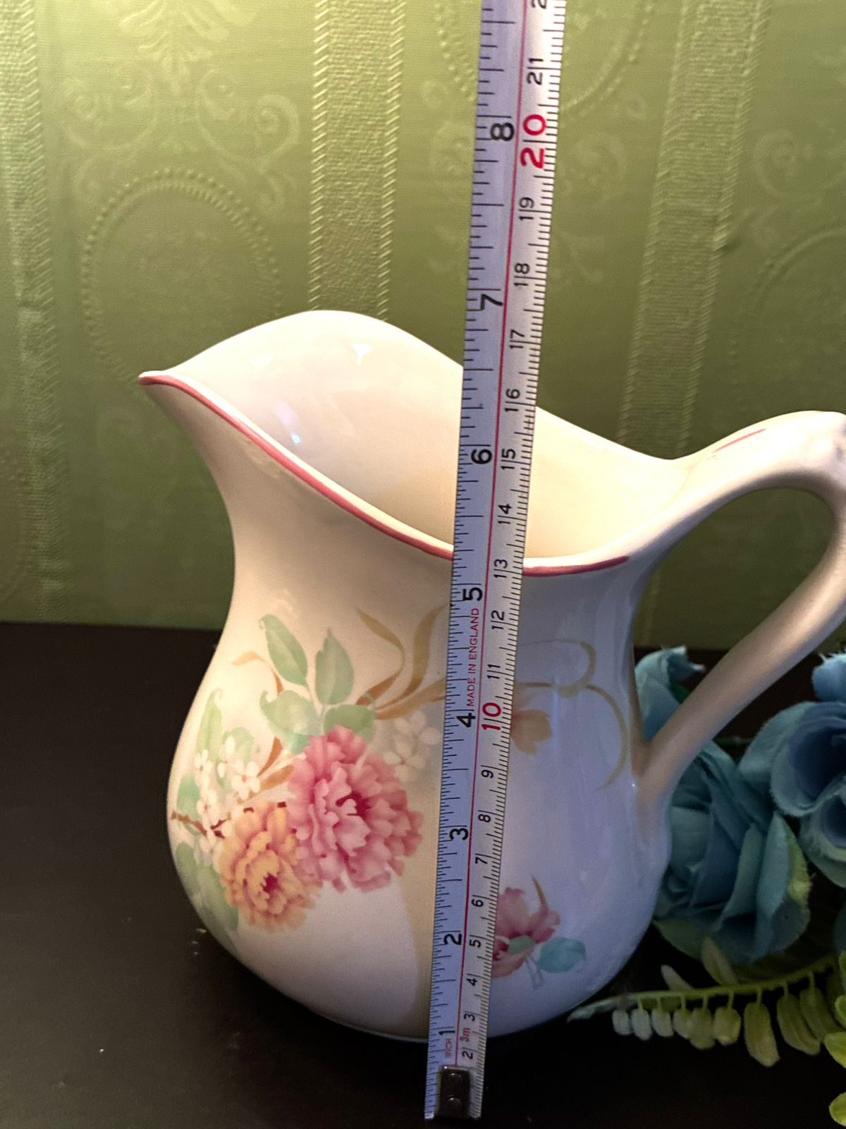 Vintage Floral Ceramic Pitcher Pink Rose Cottage Jug